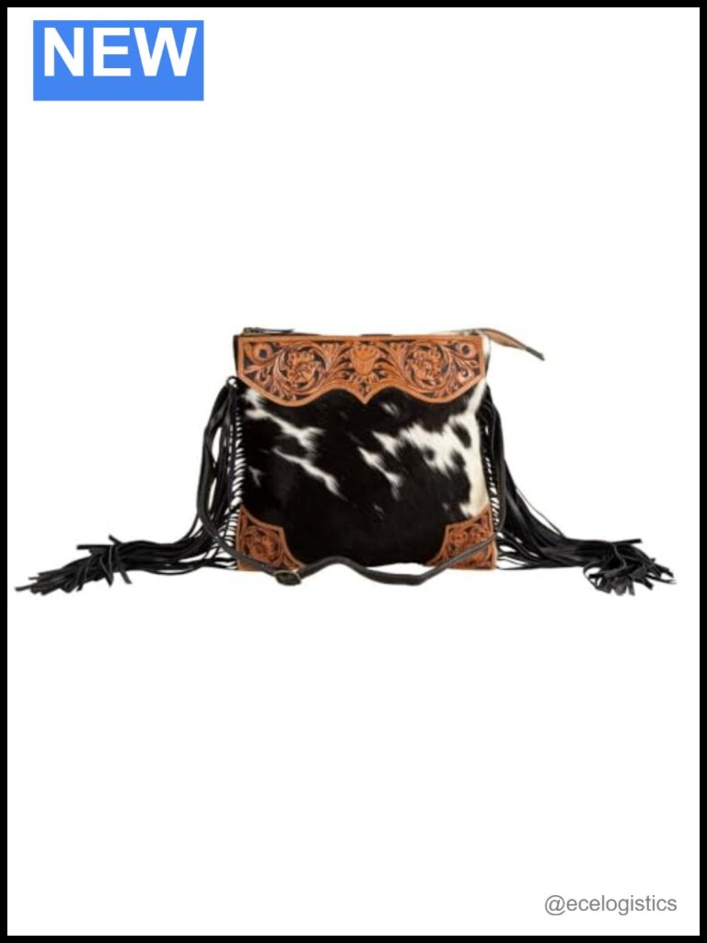 Tooled Leather Cowhide Handbag with Hand-Etched Patterns, Shoulder Strap